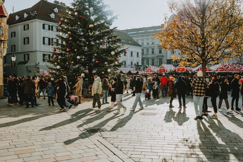 Festive Christmas Market with Decorated Tree