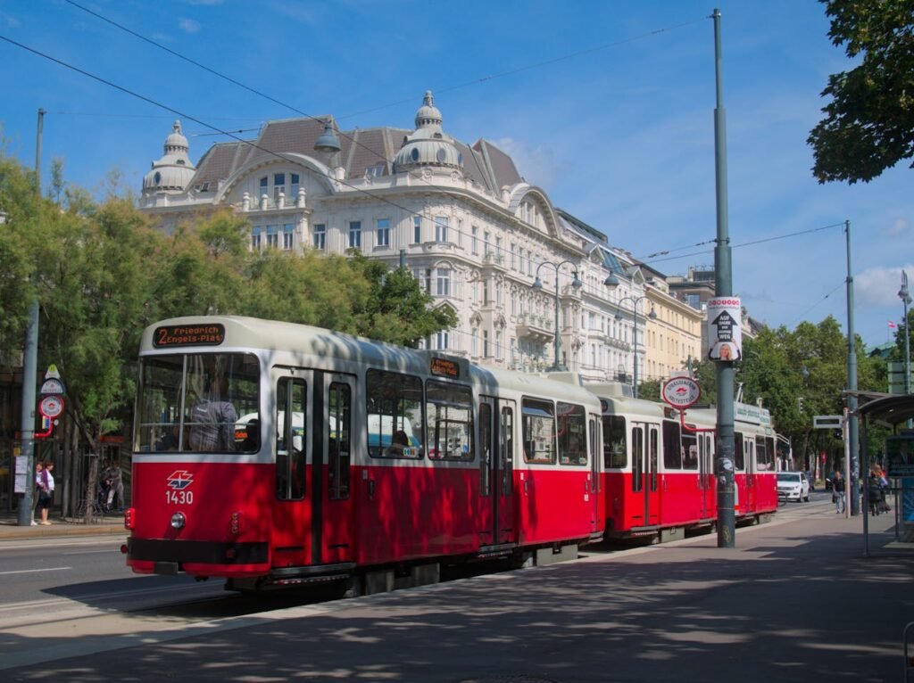 Tram Driving through Street of Vienna, Austria